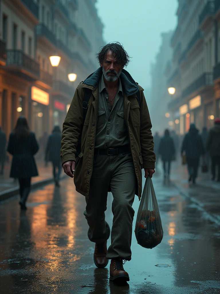 Marc, in worn clothes, walking alone on a deserted street in the rain. He looks tired and helpless, carrying a plastic bag with some stuff. The lights of the street lamps reflect on the wet ground. In the background, we can see indifferent passers-by continuing on their way, illustrating his total solitude.