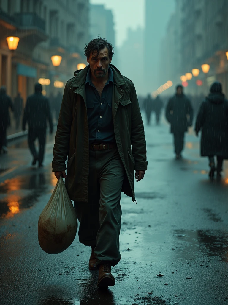 Marc, in worn clothes, walking alone on a deserted street in the rain. He looks tired and helpless, carrying a plastic bag with some stuff. The lights of the street lamps reflect on the wet ground. In the background, we can see indifferent passers-by continuing on their way, illustrating his total solitude.