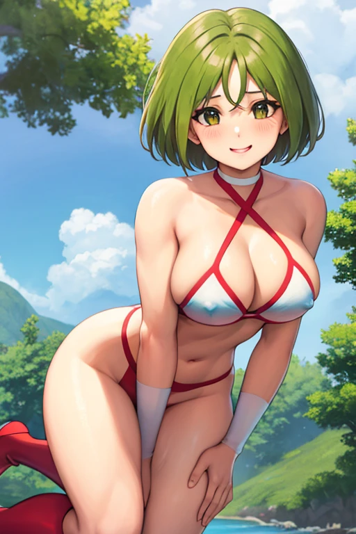 masterpiece, best quality, beautiful art, high resolution, well formed hands, body and fingers, 1 woman, solo, Retasu , full body picture, grown up, adult, large and big breasted, cleavage, hair ornament, wearing a Tyris Flare outfit , white_bikini, full body, sexy and skimpy bikini, gorgeous hips, legs and thighs bouncing breasts, red boots, she is doing exercise at the beach, seductive face, warming up, working out, sexy and captivating training, smiling joyfully and happily , looking at the viewer, close up on her bouncing breasts and bare legs and thighs, sweating , bouncing breasts, training montage session, beach environment