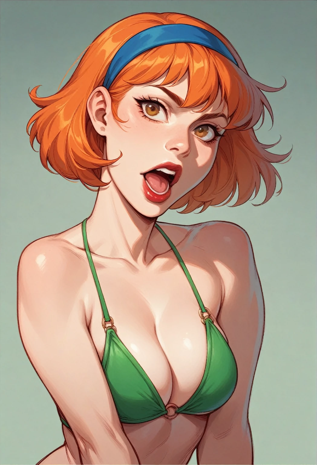  white female with short orange hair and blue headband in her hair, long mouth, big, thick mouth, thick red lips, big brown eyes, and a fluorescent green bikini.