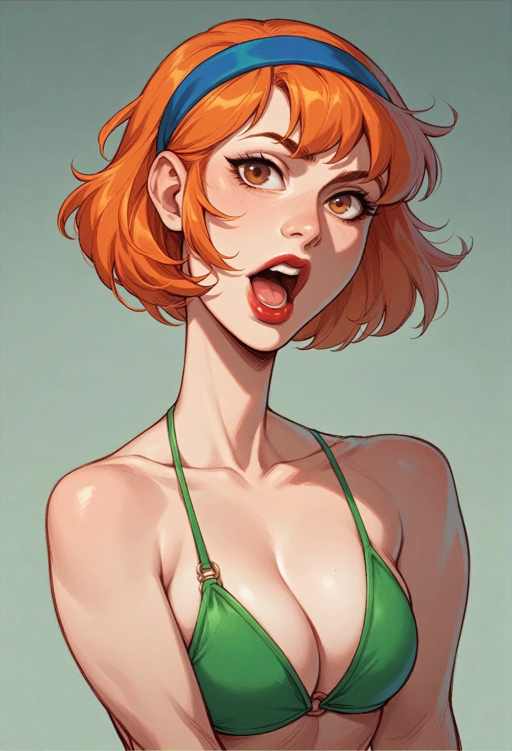white female with short orange hair and blue headband in her hair, long mouth, big, thick mouth, thick red lips, big brown eyes, and a fluorescent green bikini.