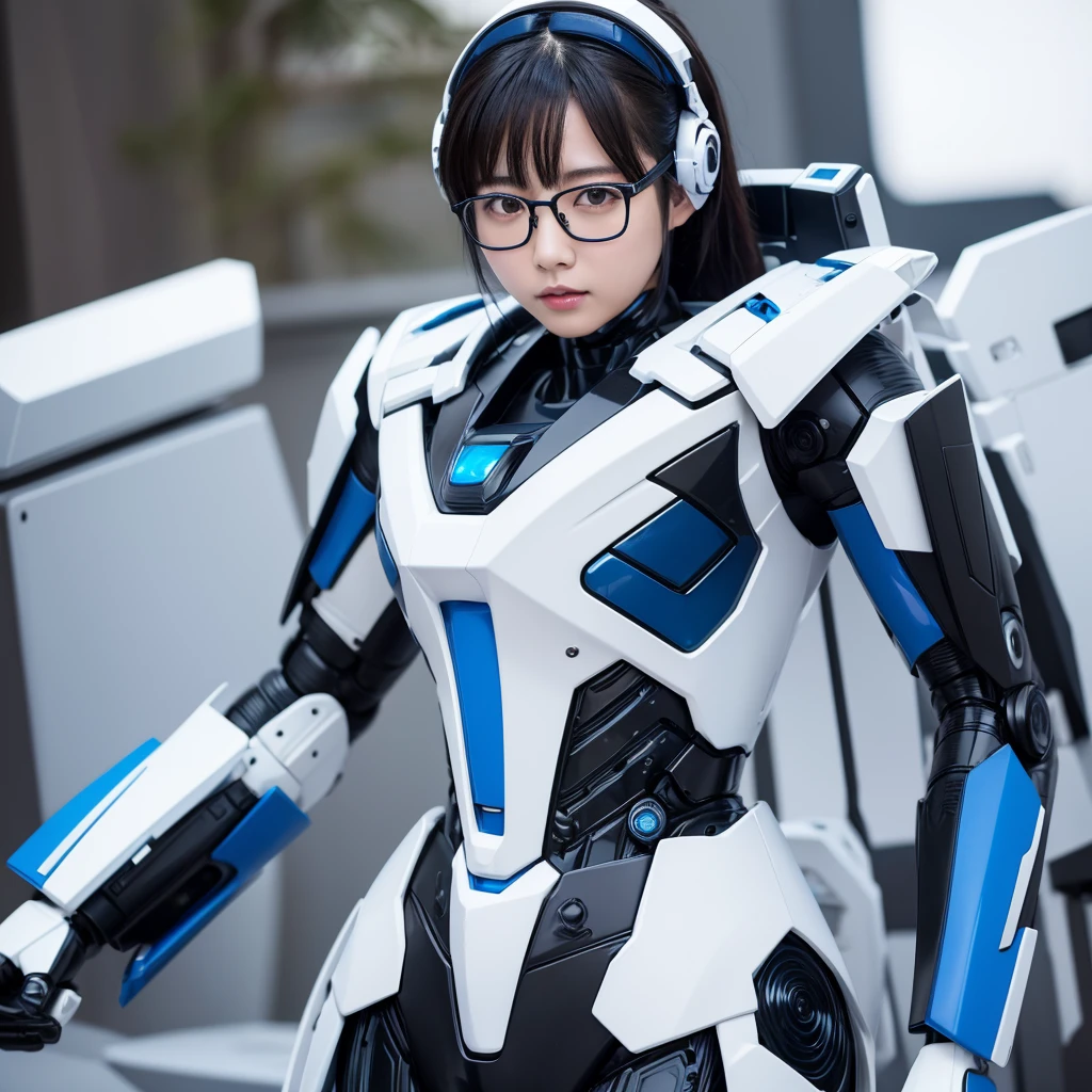 Highest quality，masterpiece，Ultra-high resolution, Very detailed, 8k，Beautiful Japanese Women:1.5，Black Hair、 (White and blue robot suit, Plump, Slightly thicker),Glasses