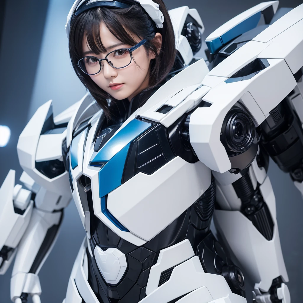 Highest quality,masterpiece,Ultra-high resolution, Very detailed, 8k,Beautiful Japanese Women:1.5,Black Hair、 (White and blue robot suit, Plump, Slightly thicker),Glasses