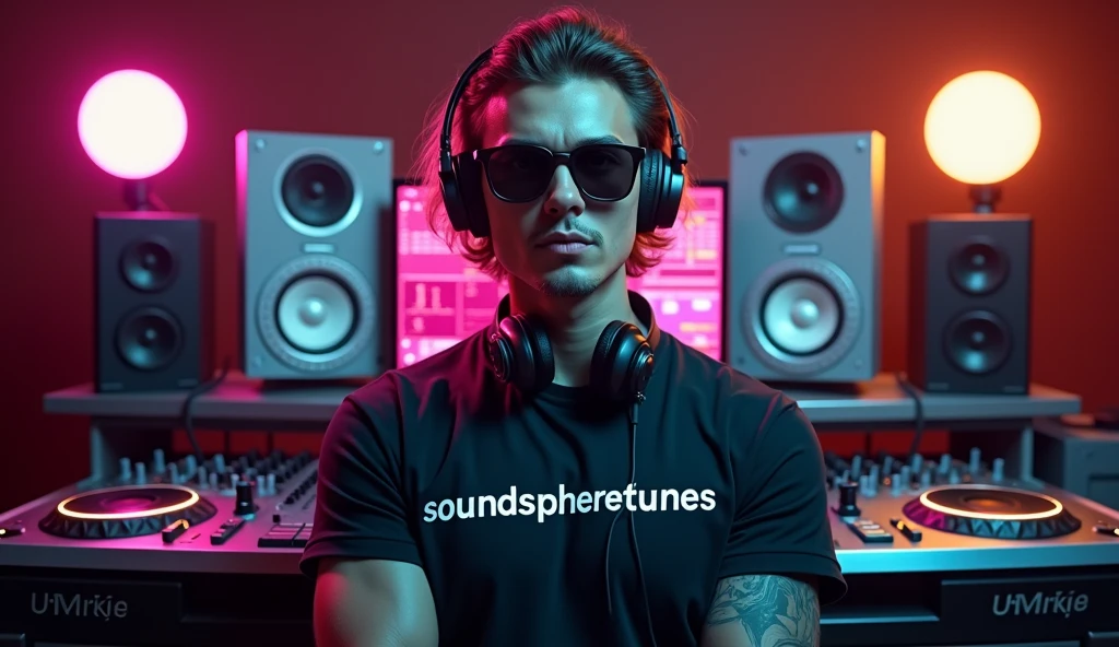 A man in a DJ music studio wearing sunglasses and a black T-shirt that says SoundSphereTunes, looks straight ahead