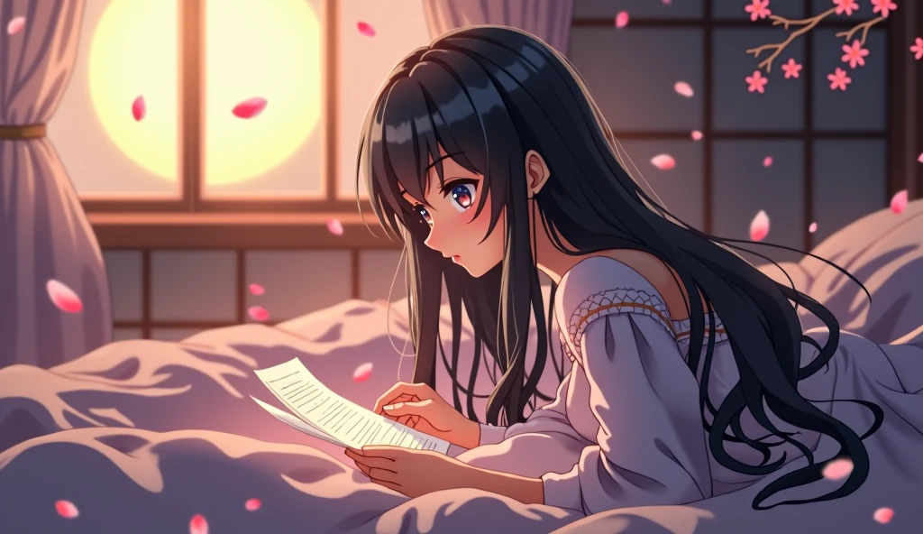 アニメ, A beautiful young Japanese woman with long black hair, dreamily gazing at a love letter, soft moonlight illuminating her face, cherry blossoms floating in the background, cozy bedroom setting, romantic and tranquil atmosphere, photorealistic, highly detailed