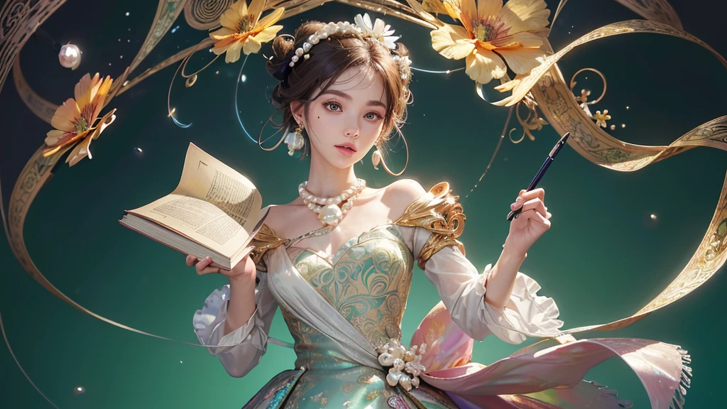 32K, 最高quality, 最高masterpiece, (ultra-Detailed Background, Detailed Background), High resolution, Super detailed, Very detailedな, 1 personの, (bouquet:1.3), (Tangled:1.2), (Geometric:1.2),(colorful),(masterpiece, quality, best quality, Official Art, Beautiful and beautiful:1.2), (1 person:1.3), Very detailed,(colorful:1.1)(Flowers:1.3),Most detailed,(Tangled:1.2), whole body, (Abstract background:1.3), (Skin glows), (Many colors:1.4), ,(Earrings Pearl:1.5), Light green background, It's imaginative., Brunette Hair, Updo, Holding a book, Holding a pen, Satin shirt,