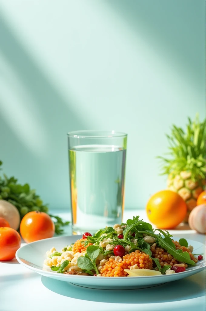imageio: A glass of crystal clear water next to a colorful plate of healthy food, like salad, grains and lean proteins, all on a clear and clean background.