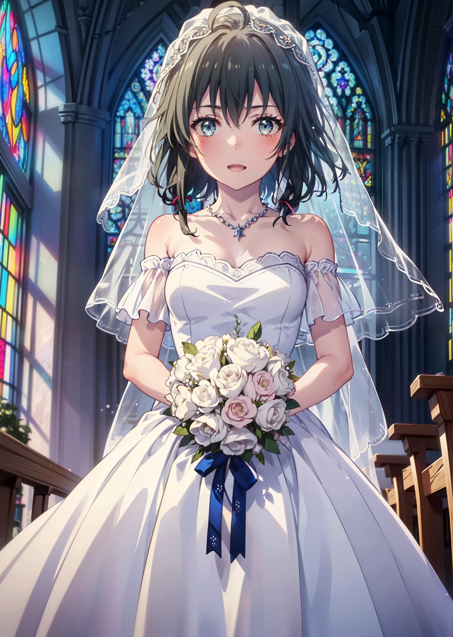 Yukino, yukino yukinoshita, Black Hair, blue eyes, semi-long,Ahoge,smile,blush,Open your mouth,Off-the-shoulder white wedding dress,necklace,Exposing shoulders,bare clavicle,Bare neck,wedding long skirt,Veil,bouquet,Holding a bouquet in both hands,Stained glass,whole bodyがイラストに入る, break indoors, Chapel,Association,
break looking at viewer, whole body,(Cowboy Shot:1.5),
break (masterpiece:1.2), Highest quality, High resolution, unity 8k wallpaper, (shape:0.8), (Beautiful attention to detail:1.6), Highly detailed face, Perfect lighting, Extremely detailed CG, (Perfect hands, Perfect Anatomy),