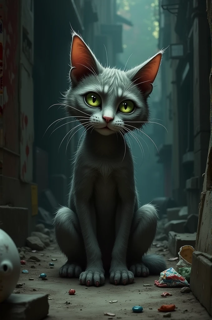 Show Whiskers, a thin, scruffy gray cat with matted fur and sad green eyes, sitting alone in a dark, cluttered alley.