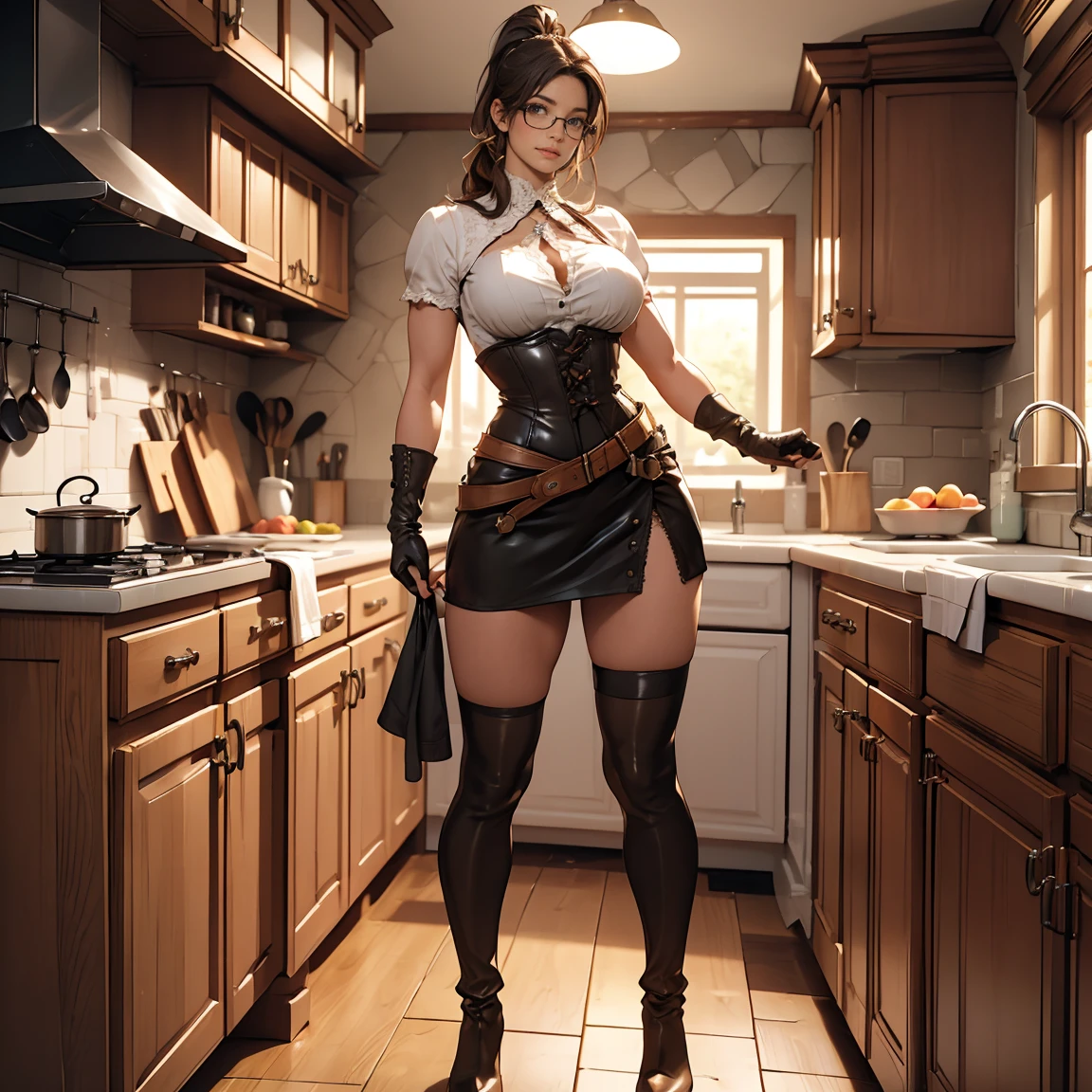 Pretty Caucasian (female), Sarah Shahi, a slim but muscular body, huge breasts, dark brown messy hair, blue eyes, Wild Maid Costume, Dynamic pose, Short leather skirt with lace trim, Corset with metal studs, Buckled long boots, Fingerless gloves, Lichtfunke, night, full body shot, sexy, seductive posture, exposed nipples, skimpy, exposed thighs, full body view, in kitchen, glasses, hair in ponytail,