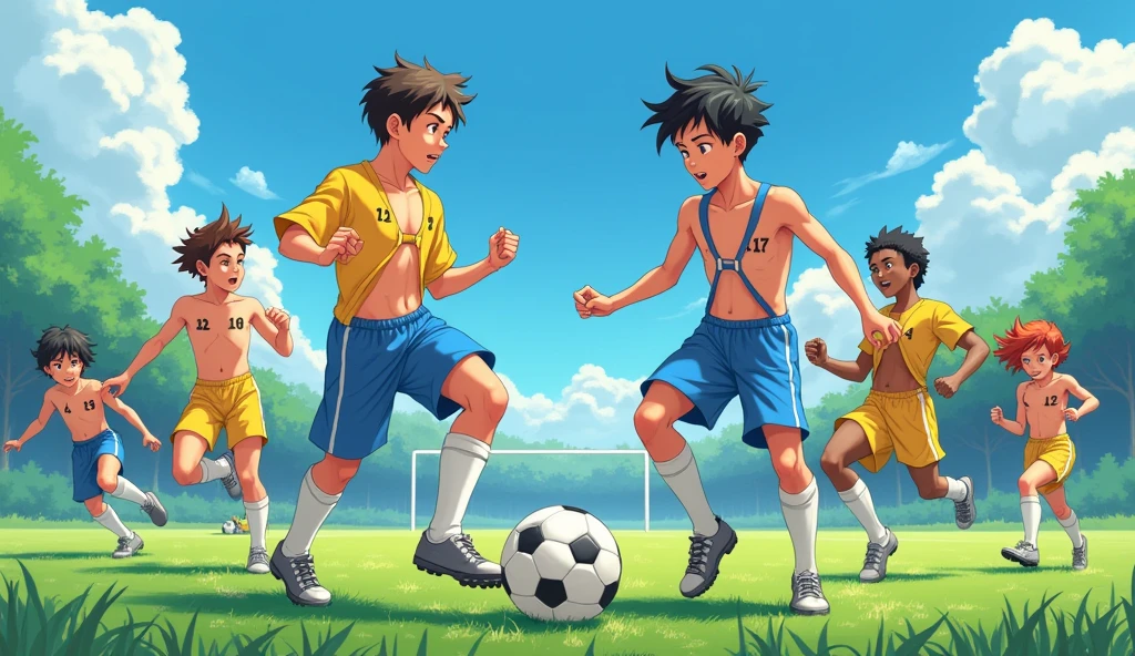 Boys with different skin tones and hair tones are playing soccer. They are just wearing very short thongs that show their ass and cleats. Each team uses short thongs that show their ass in a different color. One team uses blue and the other yellow. All the short thongs have different numbers. The place they are in is an empty soccer field and it is a beautiful day. There are only two teams, the blue thongs and the yellow thongs. The image has to be in anime shota.