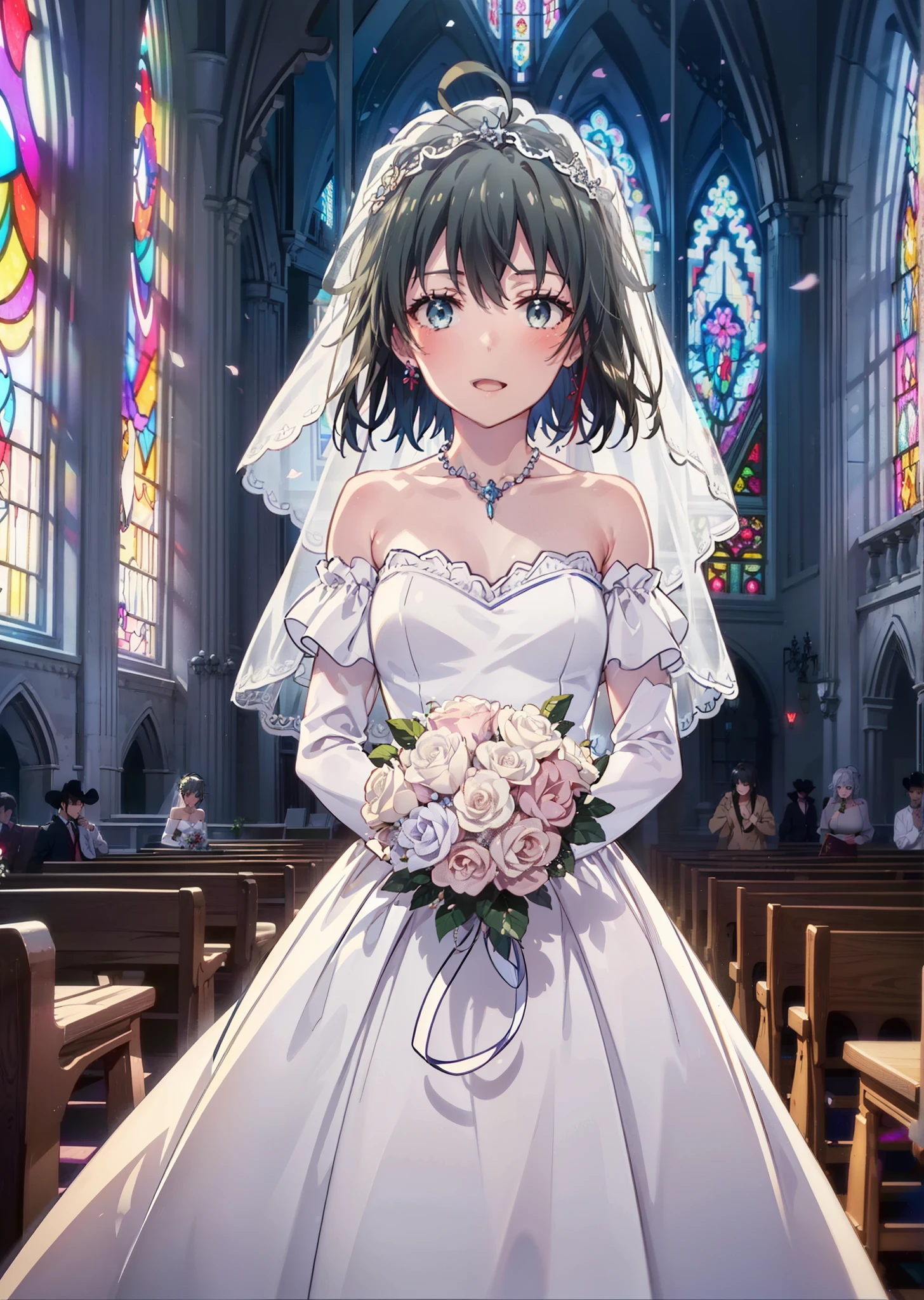 Yukino, yukino yukinoshita, Black Hair, blue eyes, semi-long,Ahoge,smile,blush,Open your mouth,Off-the-shoulder white wedding dress,necklace,Exposing shoulders,bare clavicle,Bare neck,wedding long skirt,Veil,bouquet,Holding a bouquet in both hands,Stained glass,whole bodyがイラストに入る, break indoors, Chapel,ociation,
break looking at viewer, whole body,(Cowboy Shot:1.5),
break (masterpiece:1.2), Highest quality, High resolution, unity 8k wallpaper, (shape:0.8), (Beautiful attention to detail:1.6), Highly detailed face, Perfect lighting, Extremely detailed CG, (Perfect hands, Perfect Anatomy),