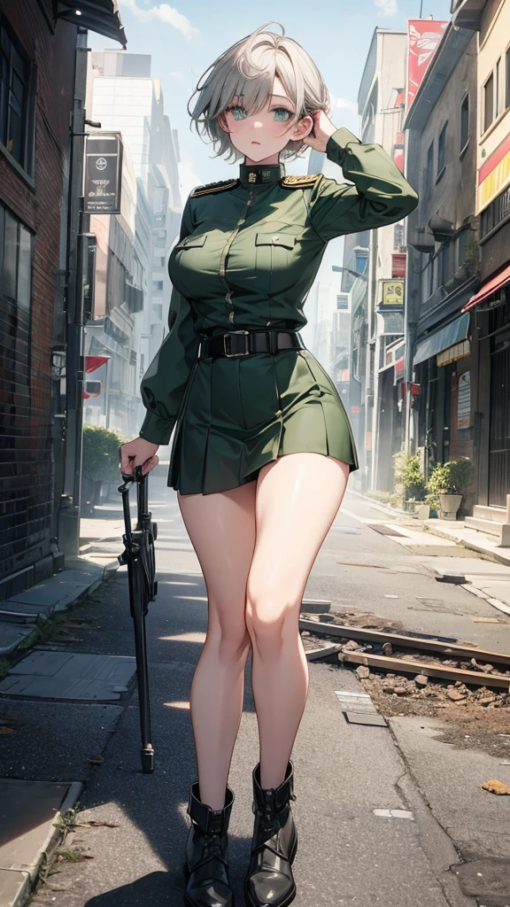 4K resolution,((Highest quality)),Ultra-high resolution,Adult women, alone, sexy, (Grim face), (Light green eyes), Beautiful and symmetrical face, (Grey short hair),uniform,military belt,green tight skirt,Realistic:1.4,Realistic:1.4,(masterpiece:1.2),Perfect Eyes,Perfect Eyes,Ample breasts,Curvy Body,Perfect Legs,Dilapidated building
