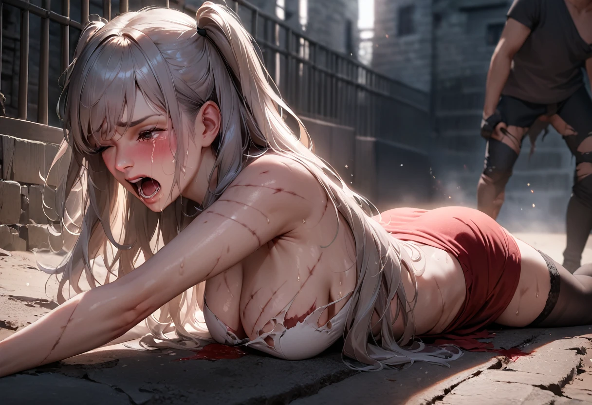 Apocalyptic destroyed abandoned city. Anime girl got tired and sitting near camp fire. She is happy, but crying from injures. She has a lot of injures and scars on her skin. Some injures are covered with bandages but they still leaking blood. Girl has brown ponytail haircut. She is looking at viewer. Close to camera, 8k, 4k, a lot of details, correct anatomy, wet skin, bandages bra and stockings, almost naked, nude, wet pussy, injure, blood on skin, scars on face.
