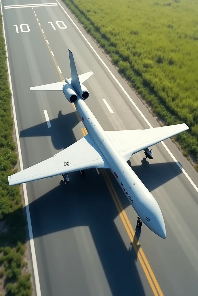 I want left side wing view of shahpar 3 uav ready for flight on runway. Flight teat team is around. There are markings on runway. The shadow of shahpar 3 is sharply reflecting on runway. The runway is besides green field. Image may look like a painting