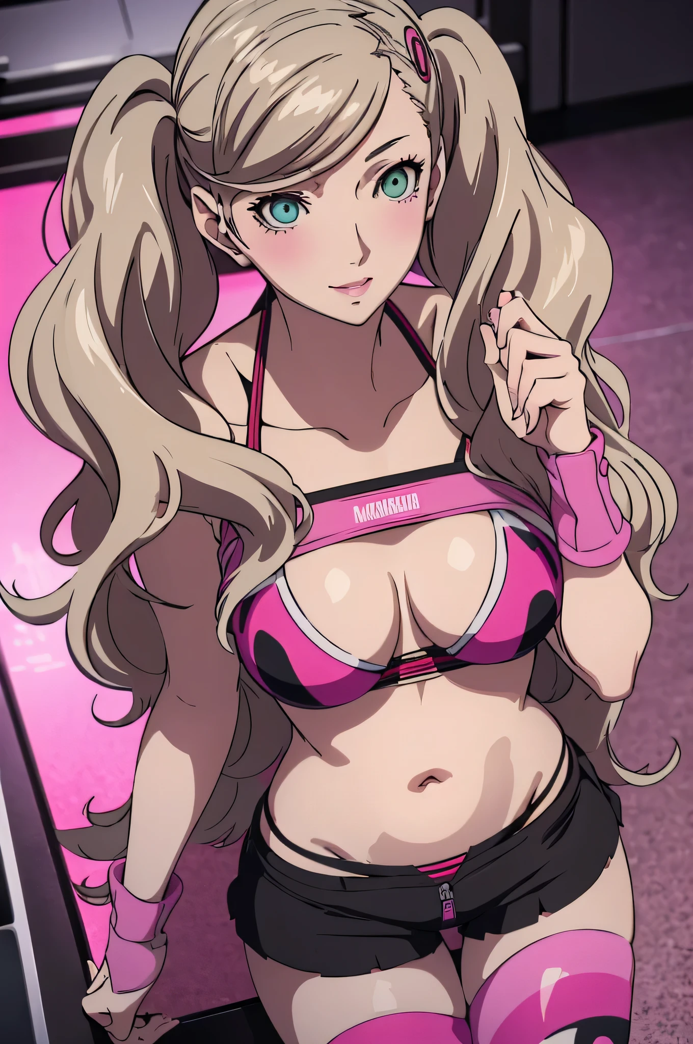 An absurd solution, High resolution, (masterpiece: 1.4), Super detailed,  , Ann Takamaki from Persona 5 in a pink ビキニ, Gym, blush, sweet, Fascinating,Pink Bondage,Open the zipper,I can see her black frilly pants,, smile, in love, Whole Body,  Happy body gestures , pink socks , Plain pink bikini,  Bikini Pink, people, 