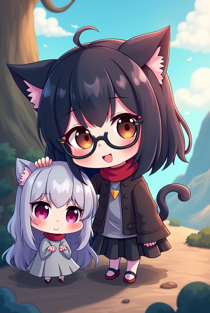 Look, I would like you to do it, an anime-like character but in chibi style with dark brown eyes, and black hair with bangs and glasses and white with long hair (I'll put it as my Twitch profile picture)
