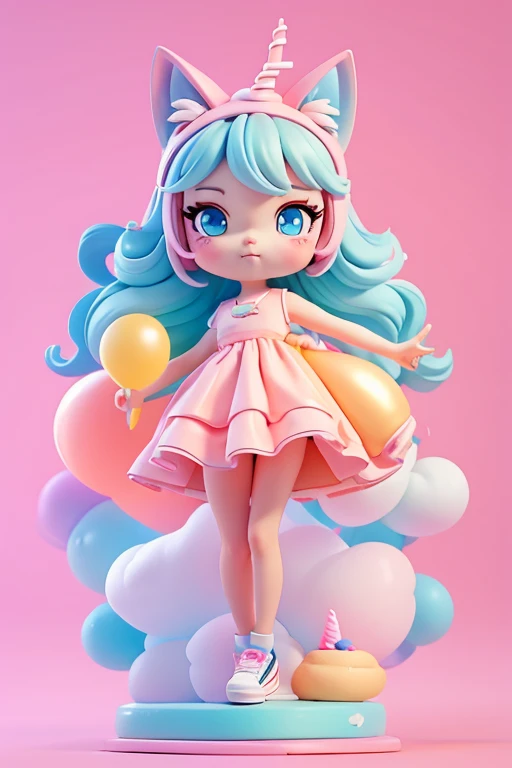 an animated character floating with cat balloons. pastel color cute classy clothing ,cute dress pattern ,cat ear hat and sneakers shoes, wise colorful eyes, The background is fantsy sky, mini unicorn fying around