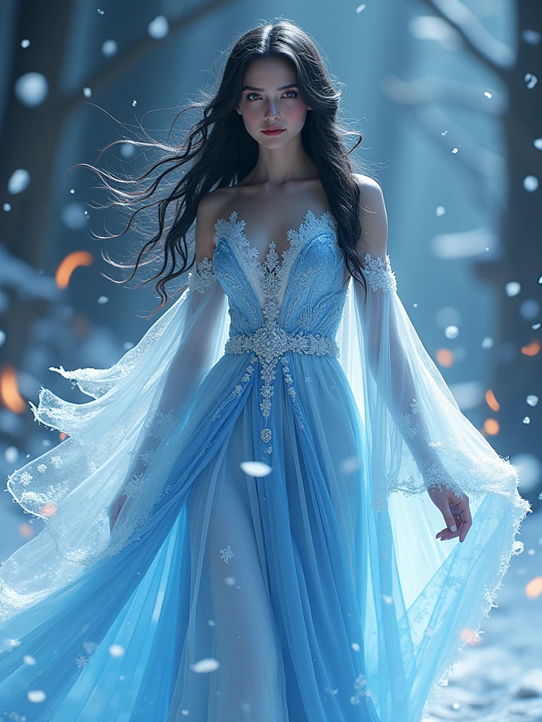 an image of a woman dressed as a snow queen, vibrant realistic colors, gfx association, flickering light, ice mage, imaginfx, girl under lantern, raver girl, dark sorceress, female mage, fiery particles