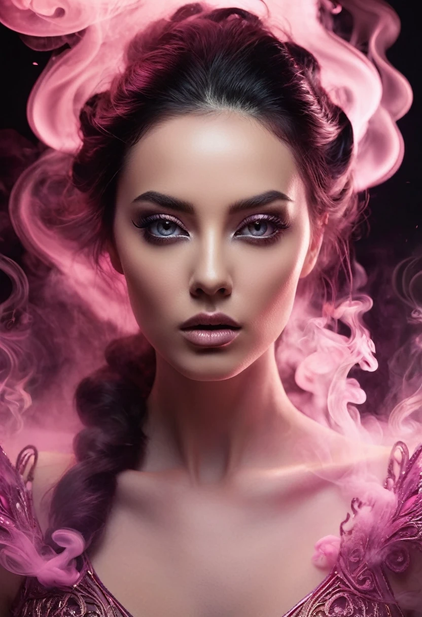 A majestic work of art, a woman, intricately detailed, with an intense, piercing gaze emanating from her singular, striking eye, set against a backdrop of ethereal, swirling pink smoke that appears to shift and undulate as if alive, illuminated by a cinematic lighting scheme that casts dramatic, high-contrast shadows and highlights, evoking a sense of mystery and the otherworldly, with each element expertly rendered in exquisite, high-definition detail, exuding a sense of artistic mastery and visual sophistication.