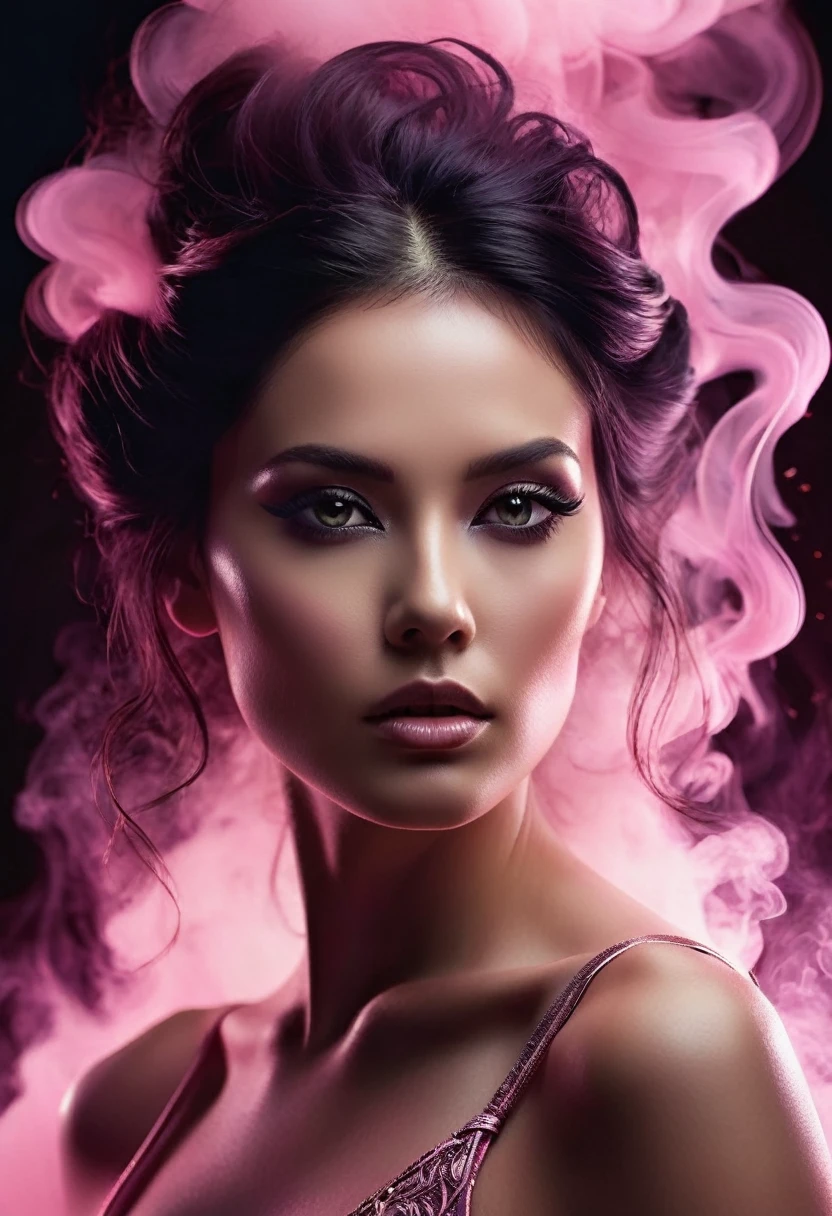 A majestic work of art, a  woman, intricately detailed, with an intense, piercing gaze emanating from her singular, striking eye, set against a backdrop of ethereal, swirling pink smoke that appears to shift and undulate as if alive, illuminated by a cinematic lighting scheme that casts dramatic, high-contrast shadows and highlights, evoking a sense of mystery and the otherworldly, with each element expertly rendered in exquisite, high-definition detail, exuding a sense of artistic mastery and visual sophistication.