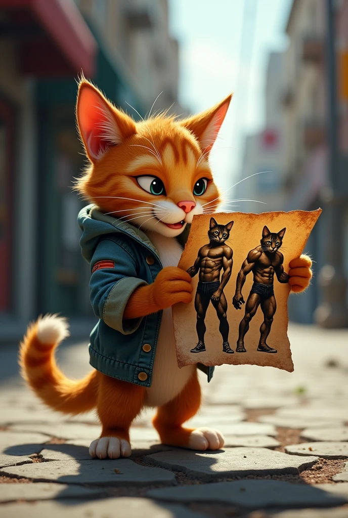 Depict Whiskers discovering a dirty flyer of muscular cats lifting weights on a cracked sidewalk, his eyes lighting up with determination..