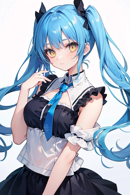 A beautiful girl with blue hair, twin tail, A pretty girl with yellow eyes