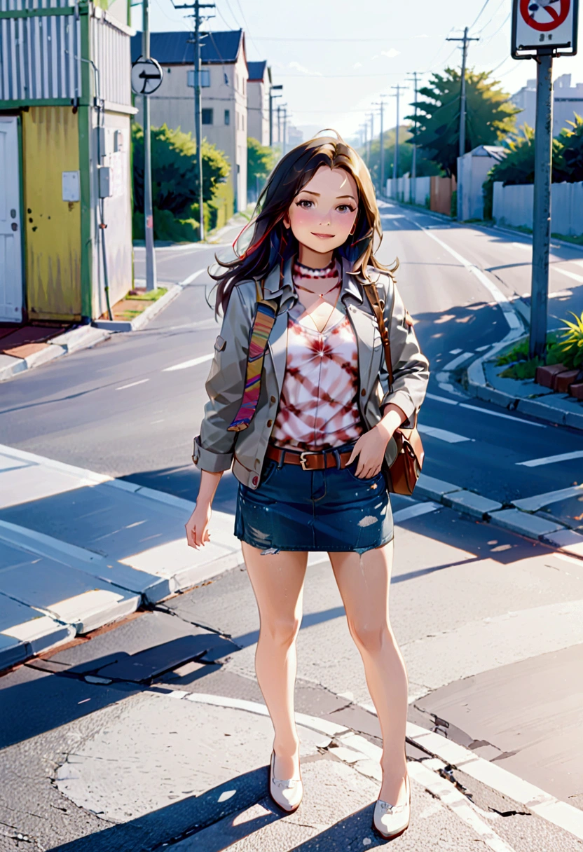 realistic anime illustration of pretty young girl is crossing a road, she has a brown wavy hair (forehead), wearing  colorful scarf, gray jacket, white t-shirt with strawberries print, azure-blue denim pencil mini skirt with brown belt, and white flat shoes, (1girl, solo, full body), (masterpiece, best quality, Japanese anime style), (expressive eyes, perfect face, perfect anatomy)
