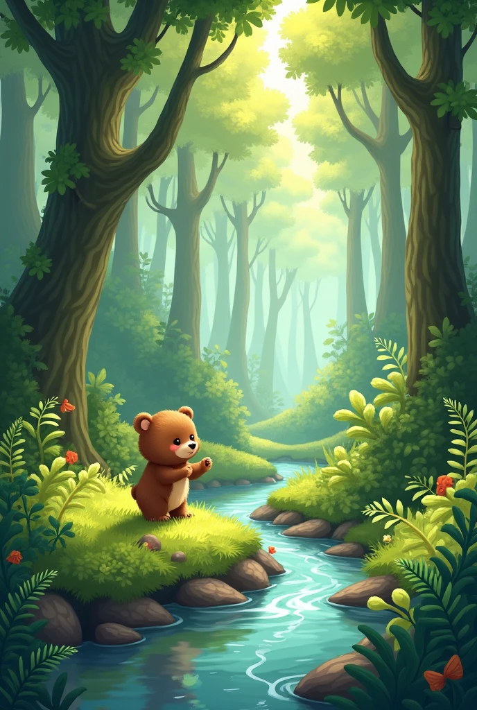 In a lush green forest, there was a little bear named Miso. Miso lived with his mother in a cave near a stream. Miso was very playful and loved exploring new things in the forest.