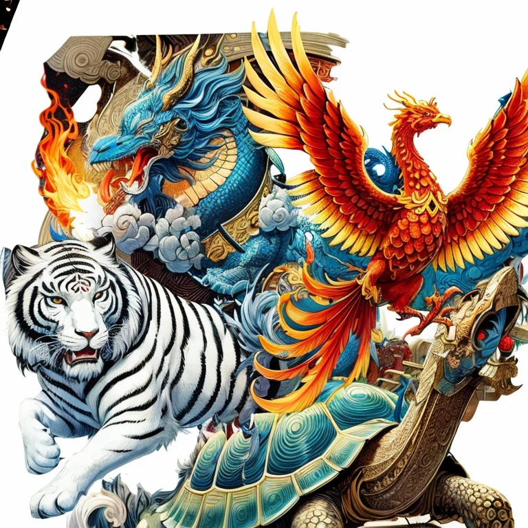 four symbols ofchinese mythology,xuanwu,qinglong,zhuque,digitalart,conceptart,fantasy,symmetrical composition,balance,8kresolution