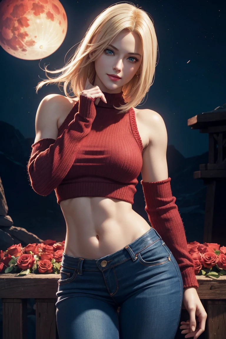 KOF,King of Fighters,Blue Mary,Blue Eyes,Blonde Hair,Medium Hair,Beautiful white skin,Photorealistic,Ultra HD,high quality,masterpiece,Digital SLR,Detailed details,Intricate details,Anatomical basis,Depicted in detail,A detailed face,Realistic skin texture,Vivid details,Perfect Anatomy,Perfect Anatomy,Anatomically correct hand,Anatomically correct fingers,Super Detail,Complex 3D rendering,Sexy pose,Red knitted tops,No sleeve,jeans,Fantasy worldview,Beautiful red sea,Beautiful Red Moon,Beautiful night sky,Petals of roses dance,Picturesque,Pink Lips,smile,
