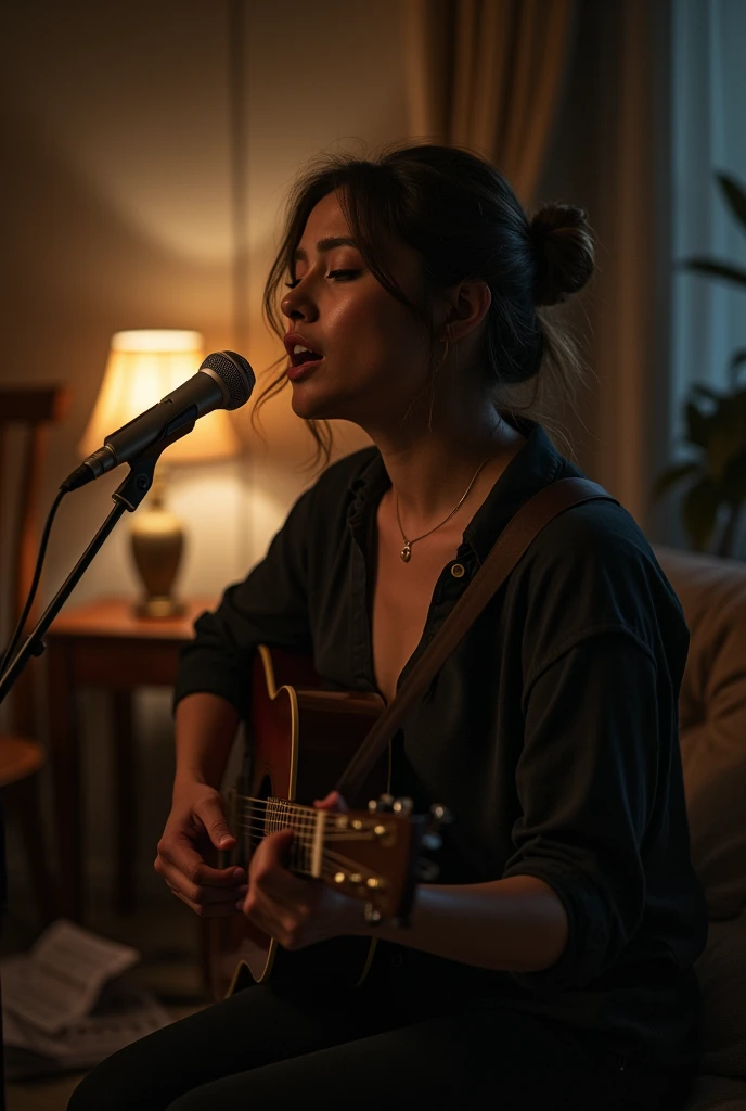 A singer singing alone at home