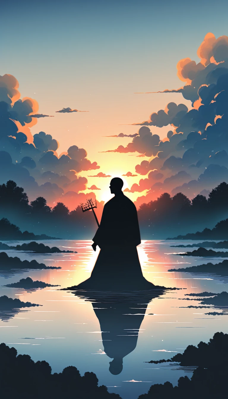 Two men in black leotards stand huddled in the smoke., Priapus, Dark Black, Dark black skin, Buzz Cut, His muscles are very developed, Very tall, short hair, Blend into the smoke, Lake, Reflection, Sunset, Sunset, Bird, plum bossom, Man silhouette, Chinese, black and white, Simple style