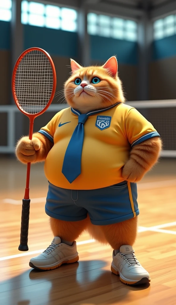 Make a picture of a fat orange cat with blue eyes, flat nose, facing the camera, wear badminton shirt and tie, sport shoes, is carrying a badminton racket with the background of a closed badminton court, wide, full body, 8k super realistic