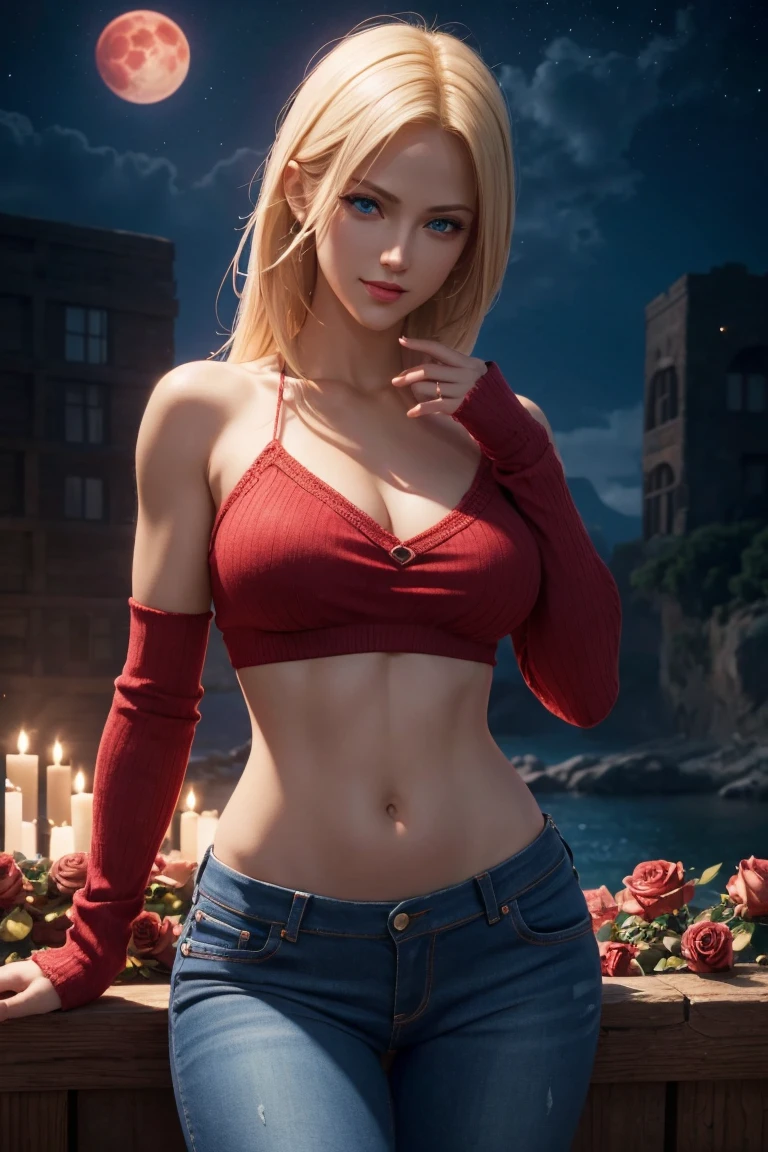 KOF,King of Fighters,Blue Mary,Blue Eyes,Blonde Hair,Medium Hair,Beautiful white skin,Photorealistic,Ultra HD,high quality,masterpiece,Digital SLR,Detailed details,Intricate details,Anatomical basis,Depicted in detail,A detailed face,Realistic skin texture,Vivid details,Perfect Anatomy,Perfect Anatomy,Anatomically correct hand,Anatomically correct fingers,Super Detail,Complex 3D rendering,Sexy pose,Red knitted tops,No sleeve,jeans,Fantasy worldview,Beautiful red sea,Beautiful Red Moon,Beautiful night sky,Petals of roses dance,Picturesque,Pink Lips,smile,