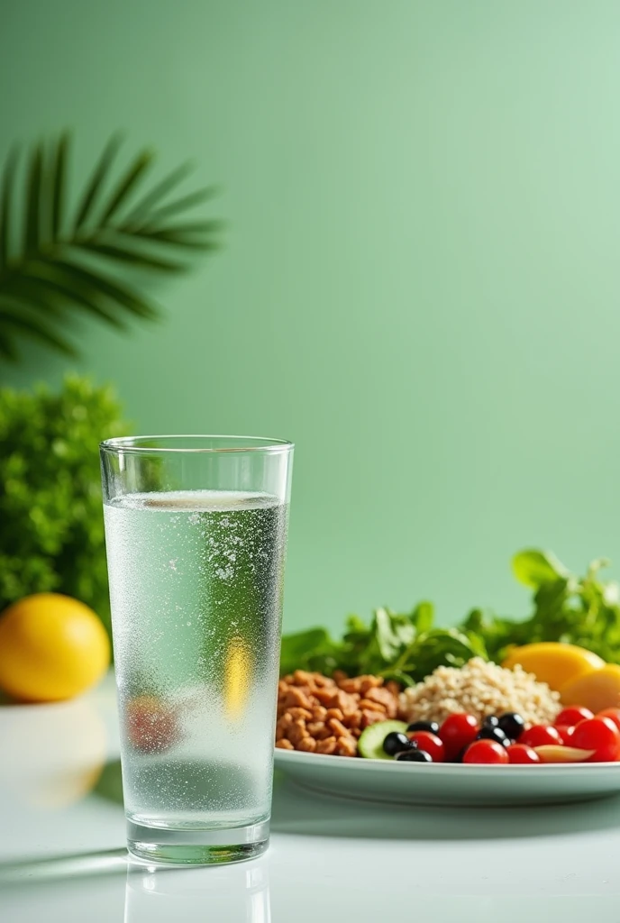 imageio: A glass of crystal clear water next to a colorful plate of healthy food, like salad, grains and lean proteins, all on a clean green background.
Place the glass in front