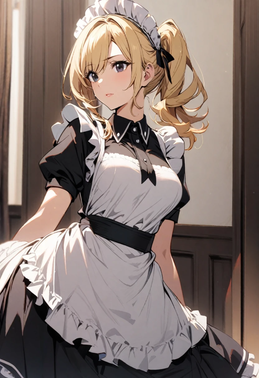 Solo, 1girl, medium hair, blond hair, black eyes, mature, side ponytail, maid, beautiful color