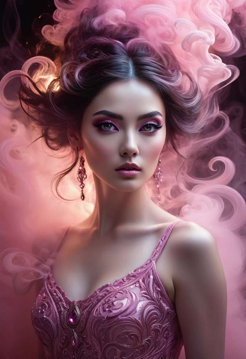 A majestic work of art, a  woman, intricately detailed, with an intense, piercing gaze emanating from her singular, striking eye, set against a backdrop of ethereal, swirling pink smoke that appears to shift and undulate as if alive, illuminated by a cinematic lighting scheme that casts dramatic, high-contrast shadows and highlights, evoking a sense of mystery and the otherworldly, with each element expertly rendered in exquisite, high-definition detail, exuding a sense of artistic mastery and visual sophistication.