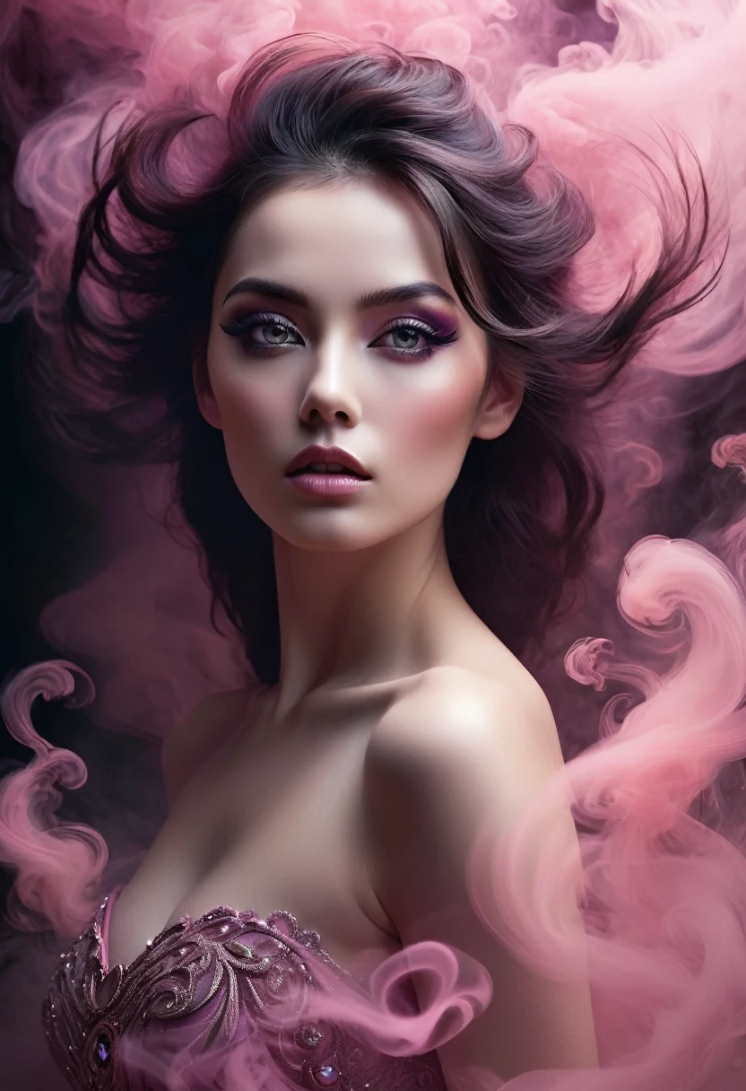A majestic work of art, a woman, intricately detailed, with an intense, piercing gaze emanating from her singular, striking eye, set against a backdrop of ethereal, swirling pink smoke that appears to shift and undulate as if alive, illuminated by a cinematic lighting scheme that casts dramatic, high-contrast shadows and highlights, evoking a sense of mystery and the otherworldly, with each element expertly rendered in exquisite, high-definition detail, exuding a sense of artistic mastery and visual sophistication.