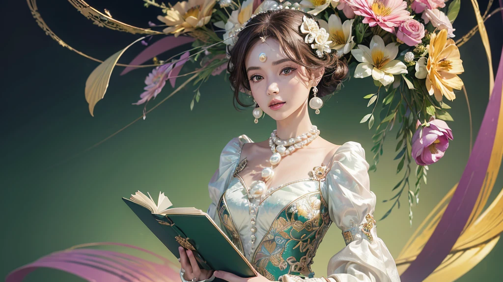 32K, 最高quality, 最高masterpiece, (ultra-Detailed Background, Detailed Background), High resolution, Super detailed, Very detailedな, 1 personの, (bouquet:1.3), (Tangled:1.2), (Geometric:1.2),(colorful),(masterpiece, quality, best quality, Official Art, Beautiful and beautiful:1.2), (1 person:1.3), Very detailed,(colorful:1.1)(Flowers:1.3),Most detailed,(Tangled:1.2), whole body, (Abstract background:1.3), (Skin glows), (Many colors:1.4), ,(Earrings Pearl:1.5), Light green background, It's imaginative., Brunette Hair, Updo, Holding a book, Holding a pen, Satin shirt,