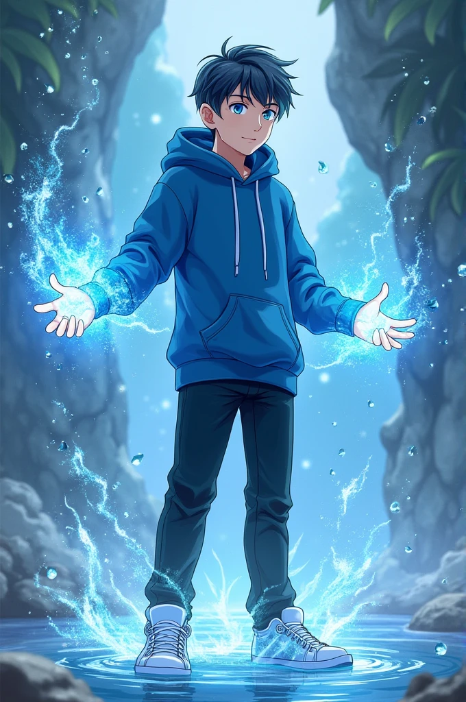 Anime handsome boy blue hoodie black pant white sneakers blue eyes sorcerer of water