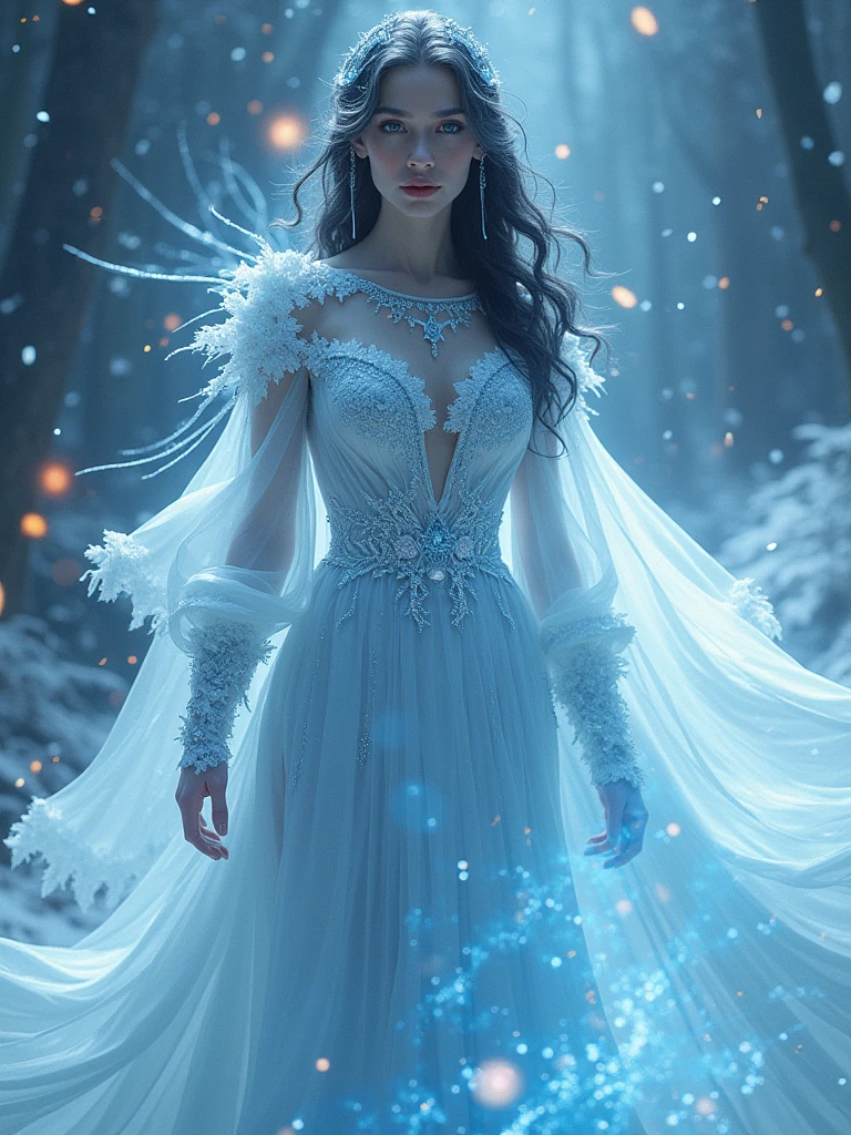an image of a woman dressed as a snow queen, vibrant realistic colors, gfx association, flickering light, ice mage, imaginfx, girl under lantern, raver girl, dark sorceress, female mage, fiery particles