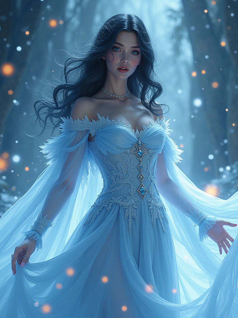 an image of a woman dressed as a snow queen, vibrant realistic colors, gfx association, flickering light, ice mage, imaginfx, girl under lantern, raver girl, dark sorceress, female mage, fiery particles