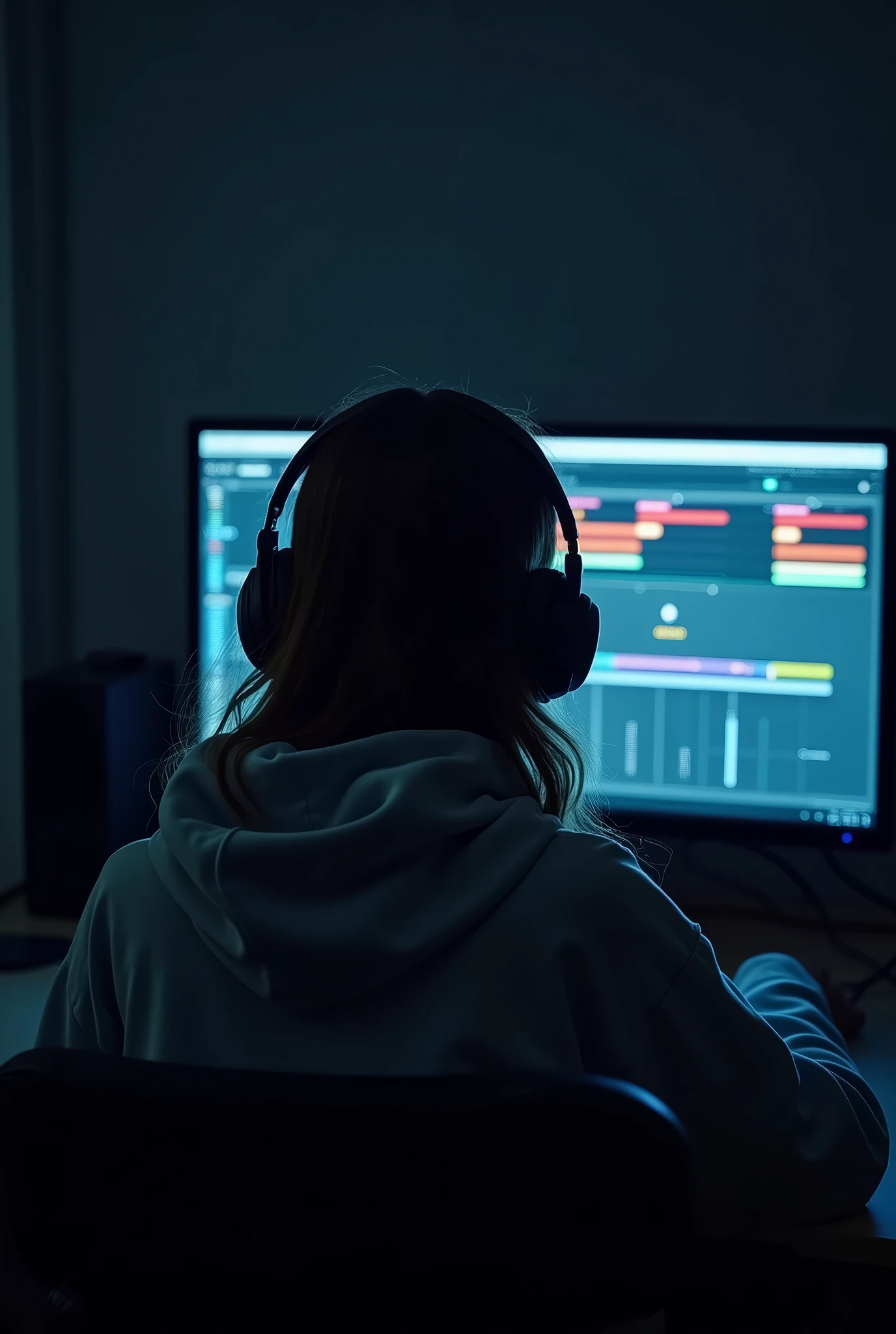 A girl sits in her darkened room, wearing a hoodie and oversized headphones. The room is dimly lit by the soft glow of her computer screen, which displays a Digital Audio Workstation (DAW) with multiple tracks and vibrant waveforms. The camera angle is from behind her, above her shoulder,as she works on crafting beats. The atmosphere is dark and moody, with minimal ambient light highlighting the contours of her hair and the details of her workspace. Her hoodie adds to the sense of immersion and concentration in her creative process.
((best quality)), ((masterpiece)), (detailed), 1girl,hoodie,headphones