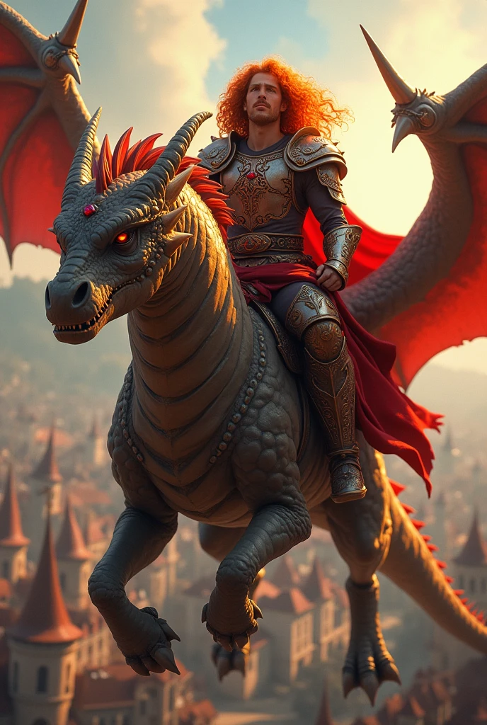 (photorealism:1.2), handsome man, flying on a huge dragon. The dragon is huge and fearsome. The dragon's head alone is twice the size of many houses., and the shadow of the dragon covers entire cities., the man: dressed in intricately detailed, ruby-encrusted armor and worn, Long curly orange hair waving in the wind, orange eyebrown, amber eyes, Sun light, Rooftops of a medieval town in the background, euphoric pose, realist, intricate details, warm colors, warm skin.