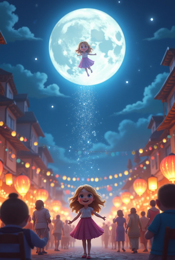 The ending page of The Case of the Missing Moonlight depicts the town of Luminia bathed in the restored brilliant moonlight. The townspeople are gathered in the vibrant festival, celebrating with glowing lanterns and colorful decorations. Ellie Spark stands at the center, smiling as the Moon Pixie hovers above, scattering shimmering stardust. The background shows the full moon shining brightly in the sky, symbolizing the mystery’s resolution. A soft, whimsical font displays a closing message, leaving readers with a sense of wonder and satisfaction.