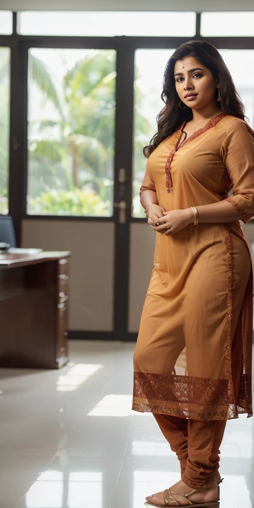 Day scene, A radiant, full-figured South Indian 3 aunty a brown colour chiffon fully transparent kurta, bra visible through kurta, ,standing, in a office captured in a full-body image with vibrant hues and meticulous details. Full body image