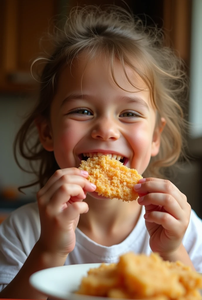  Eating coconut candy and smiling
