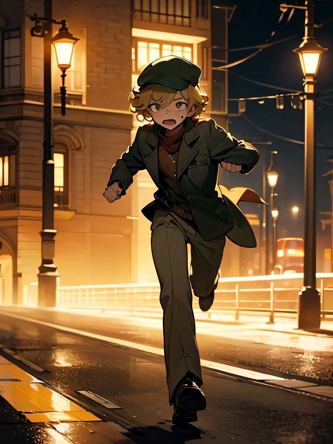 solo, (flat cap),blond short curly boyish hair, freckles, profile, running at full speed, panicked face, thief, street corner, cold sweat,Midnight、Street lamp、Mysterious atmosphere