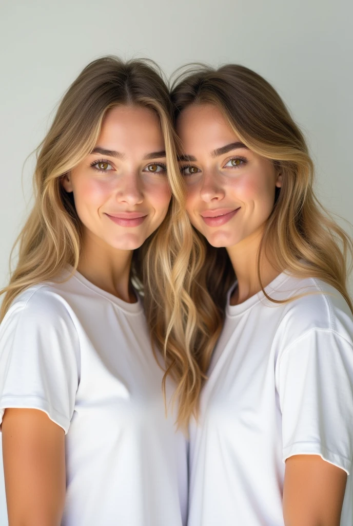 Create a photo portrait of a 2 very beautiful girl with long blond hair and brown eyes in a white T-shirt who smiles a little.